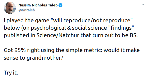 Taleb asserting that "Would this make sense to my grandmother?" identifies studies that will fail to replicate.