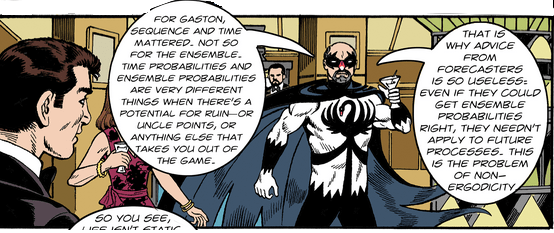 A strip from a Nassim Taleb webcomic, where he is dressed as a shredded superhero called Black Swan Man.