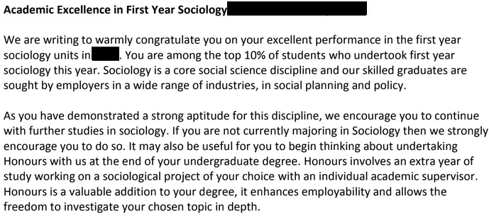 An email from my university saying I made the top 10% of students by just agreeing with everything they said.