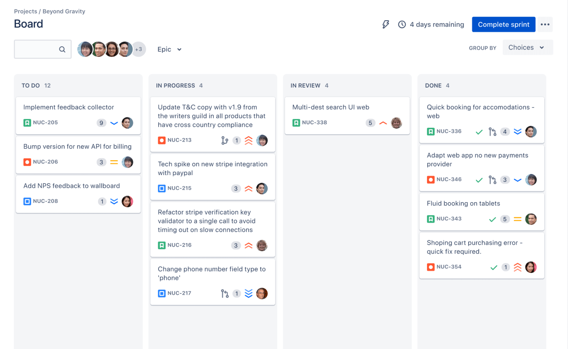 An image of a Jira board, which is a series of columns containing cards, with the leftmost column being labelled "To Do" and the rightmost being "Done"