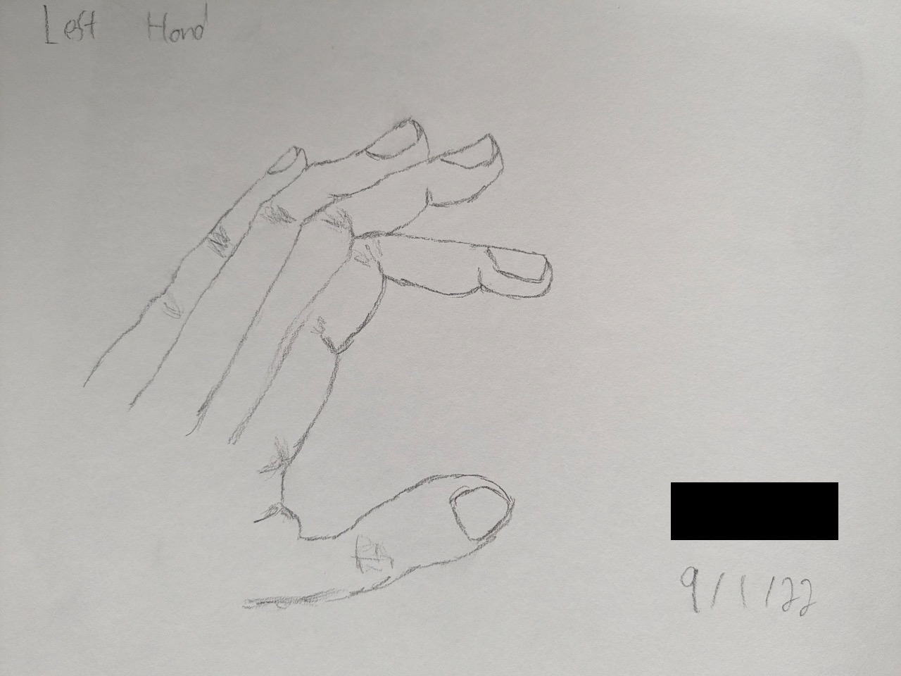 A malformed drawing of a left hand, with too-long fingers and a bulbous thumb.